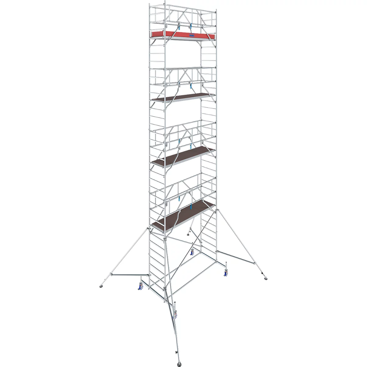 A tall, silver scaffolding standing on wheels, with multiple platforms. A red step at the top.