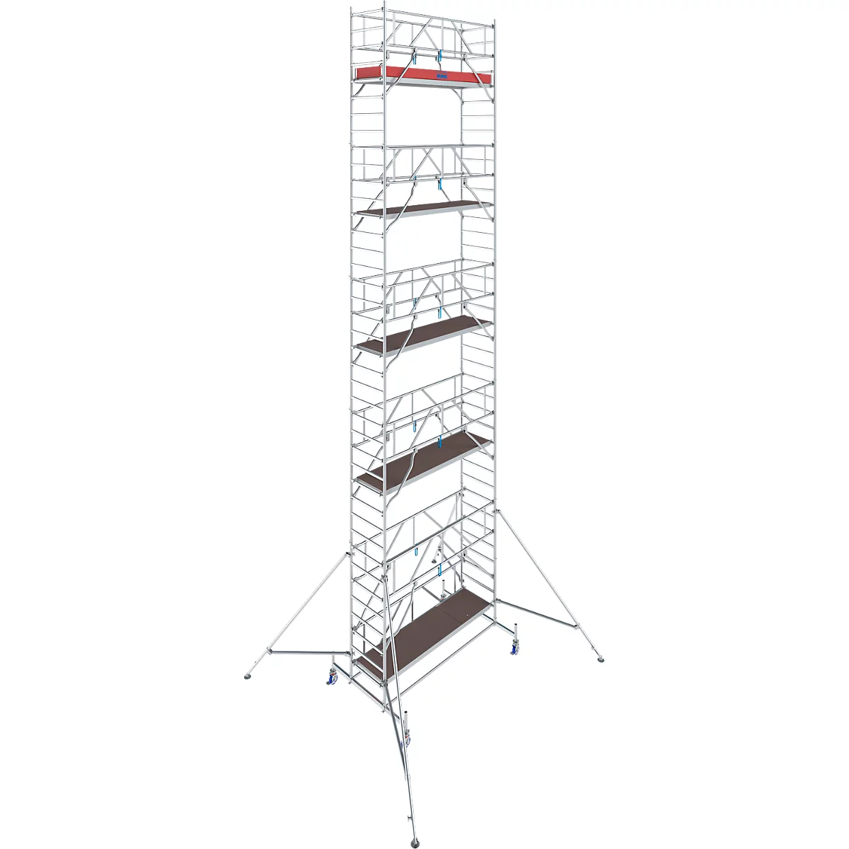 A tall, mobile scaffolding made of metal, with work platforms and rollers.