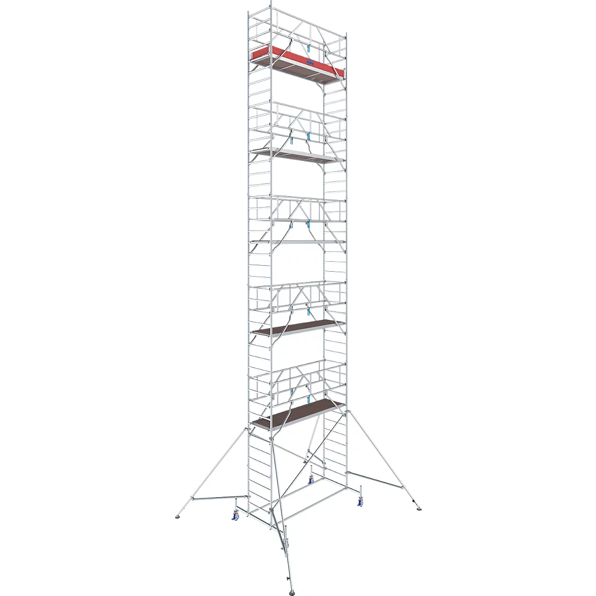 A tall, silver scaffolding, standing on wheels. It has several platforms and is designed for construction work.