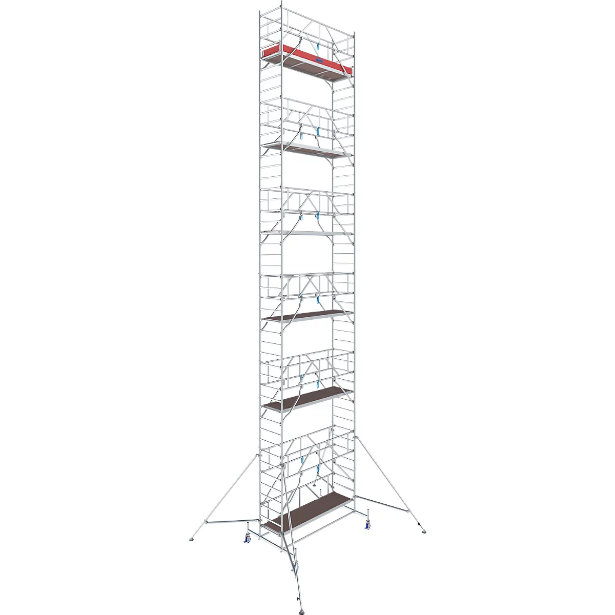 Tall, freestanding metal scaffolding. Multiple platforms offer work surfaces. Stable outriggers on the ground ensure stability.