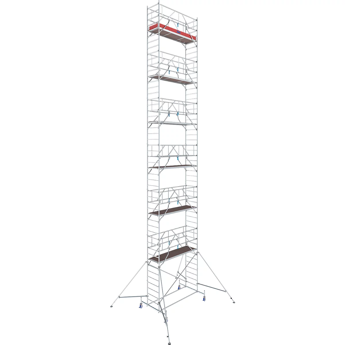 A tall scaffold with multiple platforms. The top platform is red. The scaffold has four wheels.