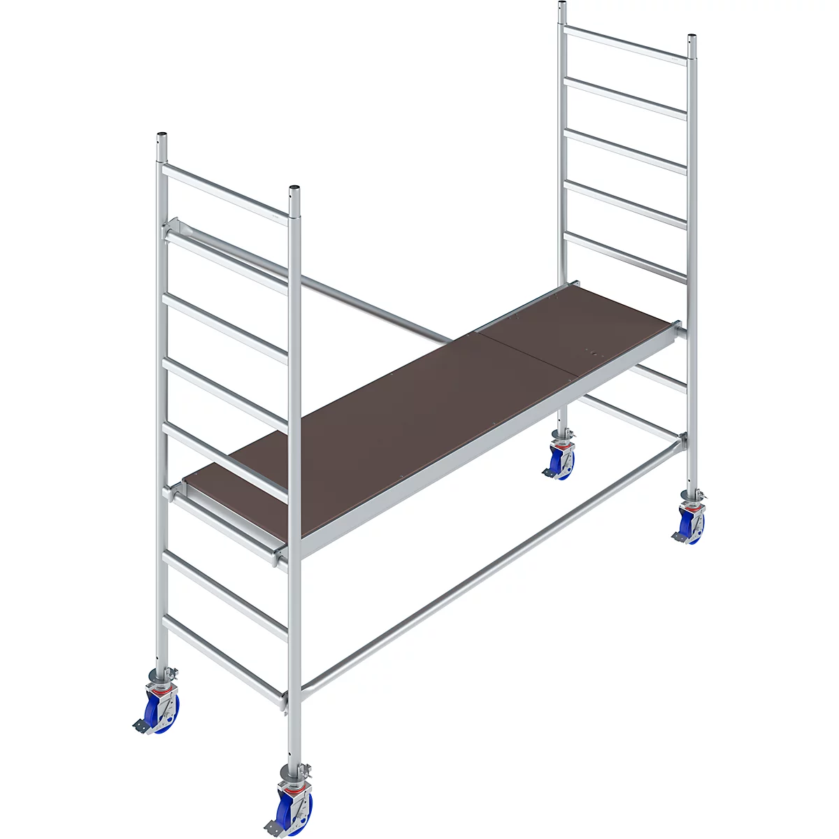 Scaffolding with wooden platform. It has wheels for easy movement.