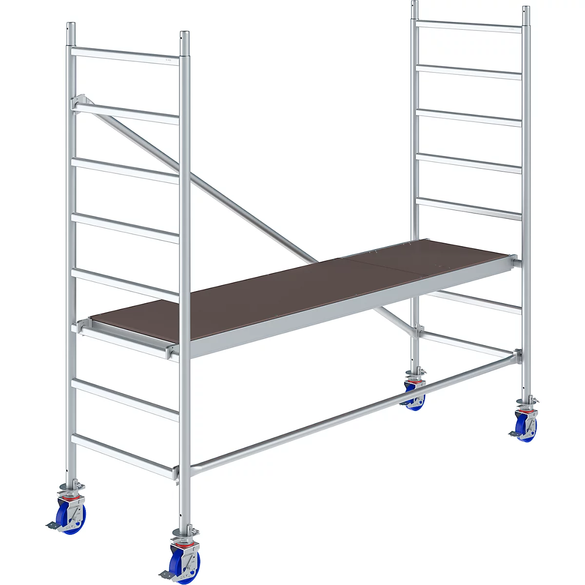 Scaffolding with wheels, silver metal construction with brown work surface.