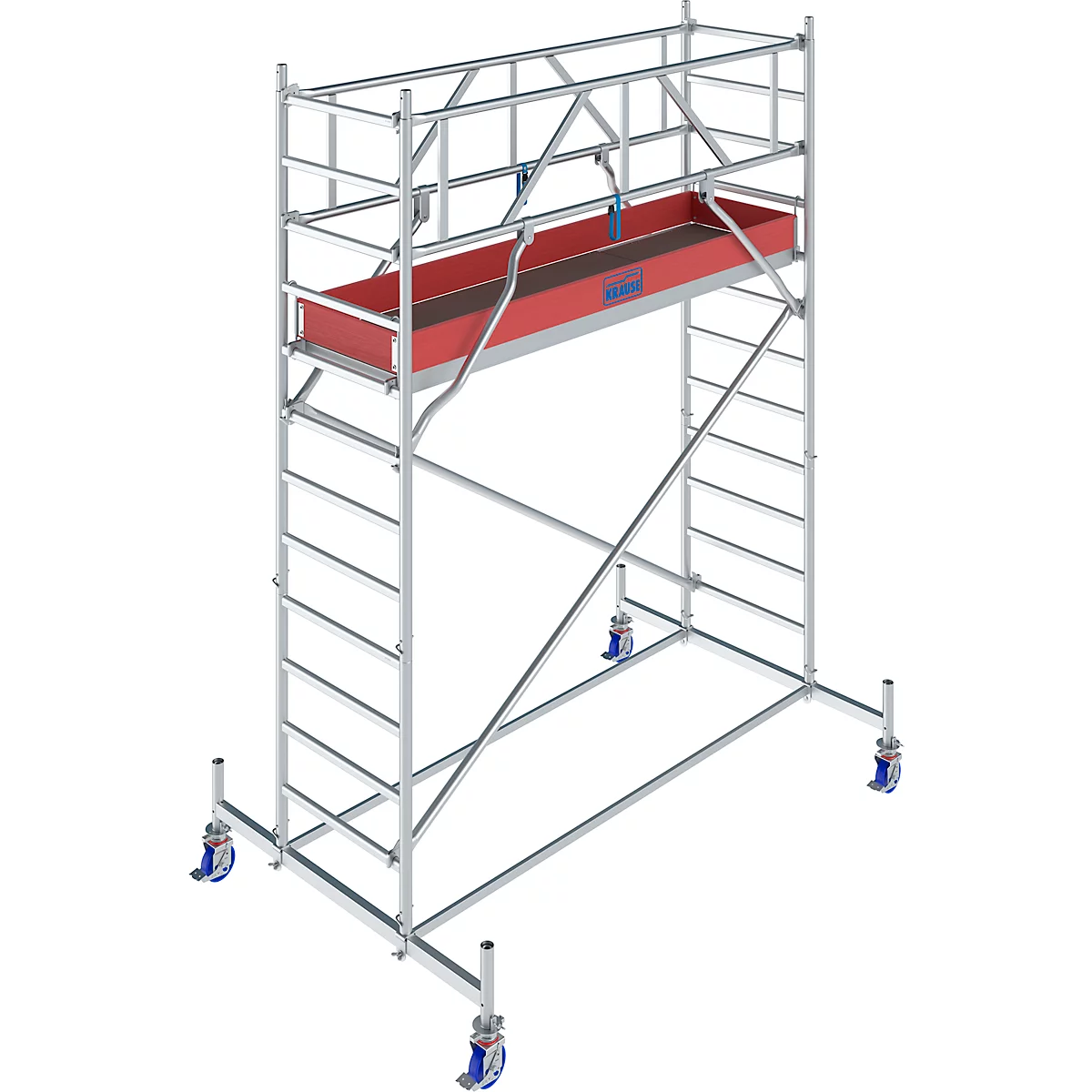 Metal scaffolding with a red shelf and blue rollers.