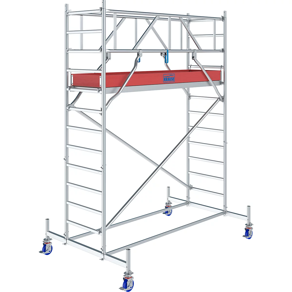 Rolling scaffolding made of metal with a red platform and blue wheels.