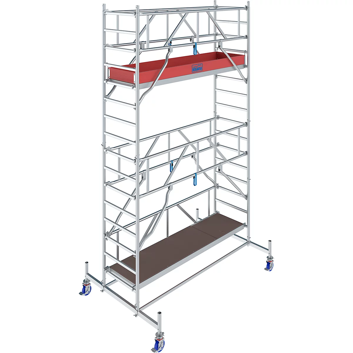 Metal scaffold with wheels, red storage, and brown platform.