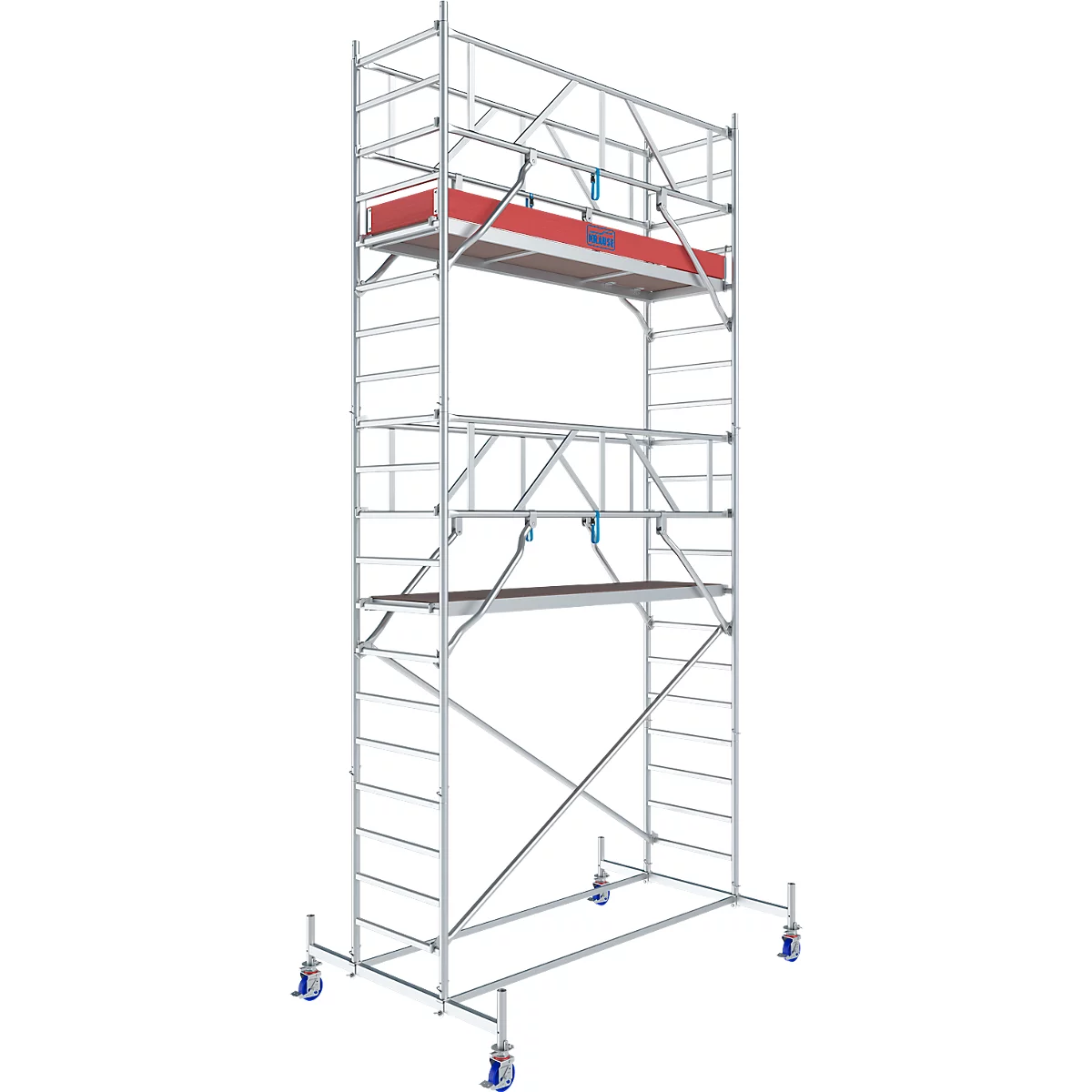 Rolling scaffold, metallic, with red platforms and wheels.