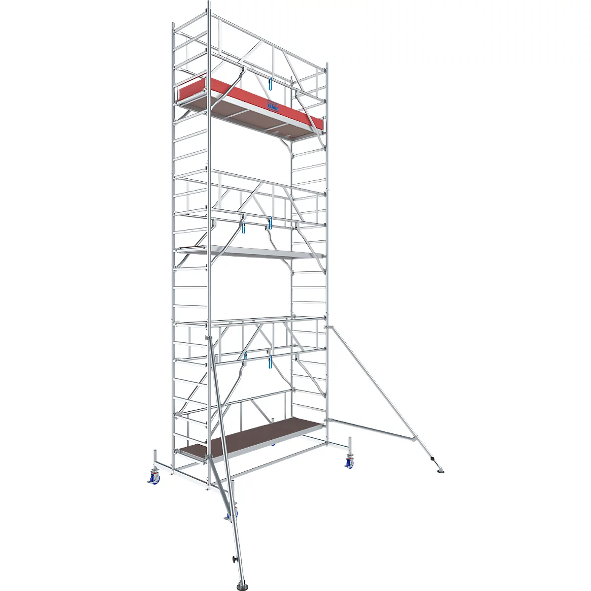A tall, silver scaffold stands against a white background. It has several platforms and wheels on its feet.