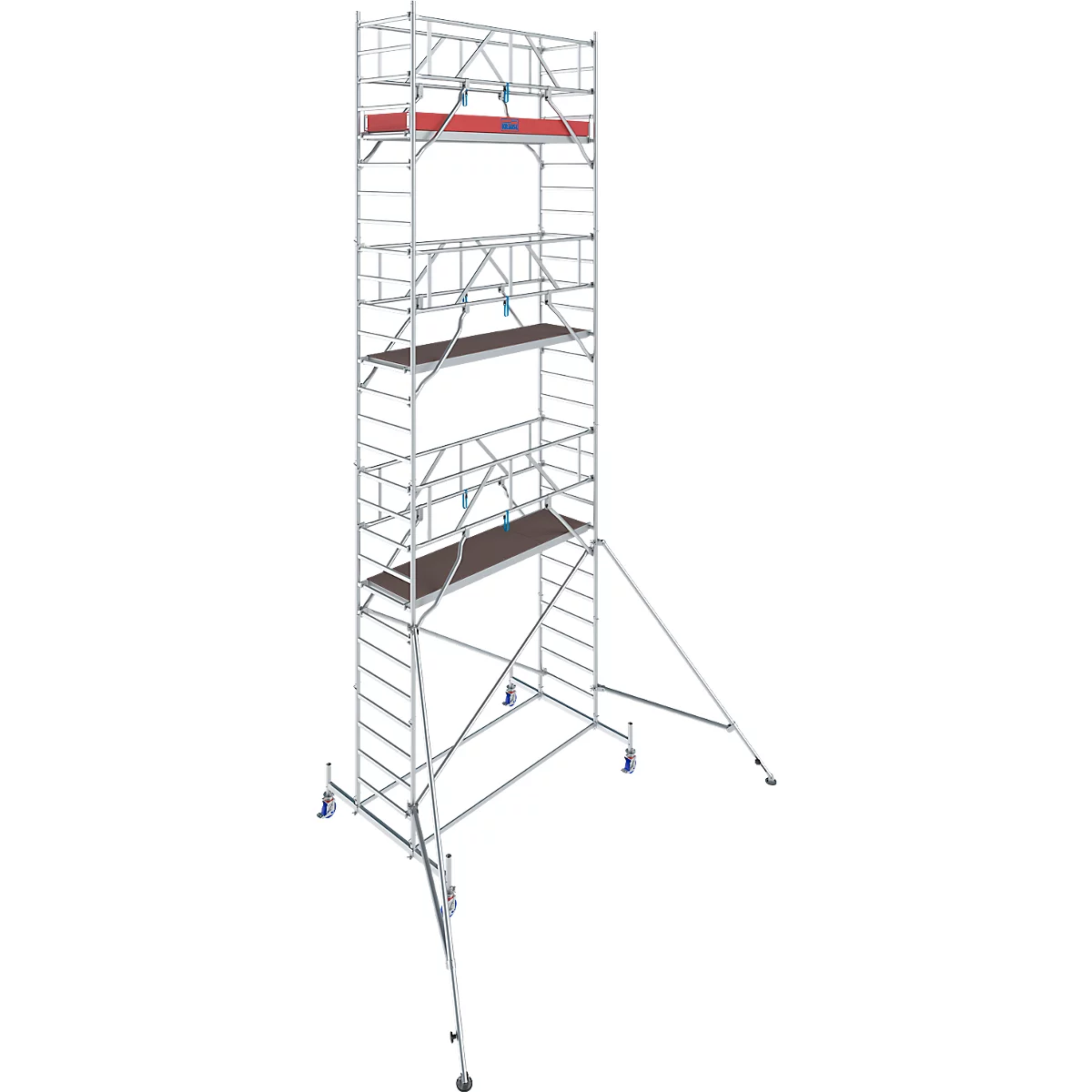 Scaffolding tower with different levels and rollers.
