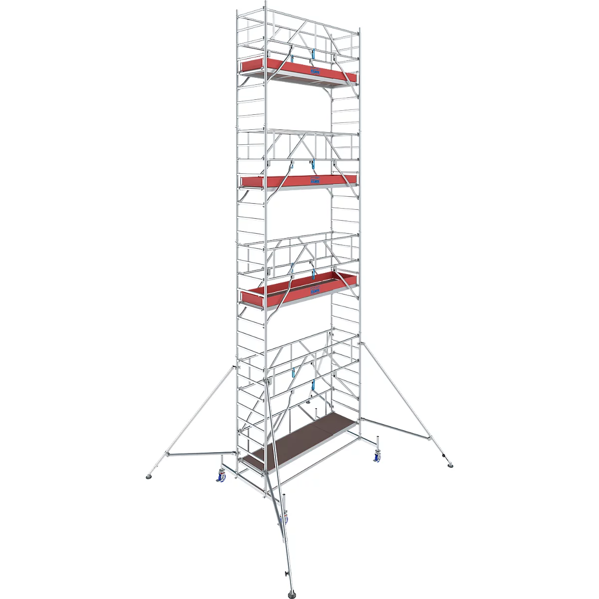A tall scaffold with red work surfaces and rollers. It has multiple levels and outriggers for stabilization.