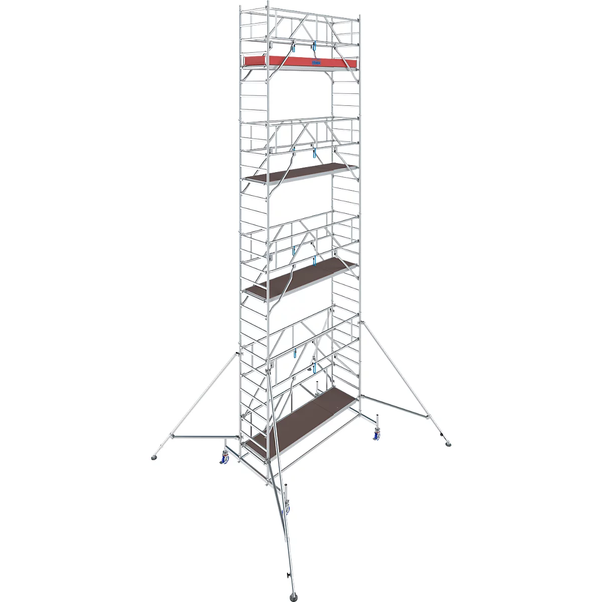 Tall, freestanding metal scaffold with multiple levels and rollers on the feet. A red element at the top.