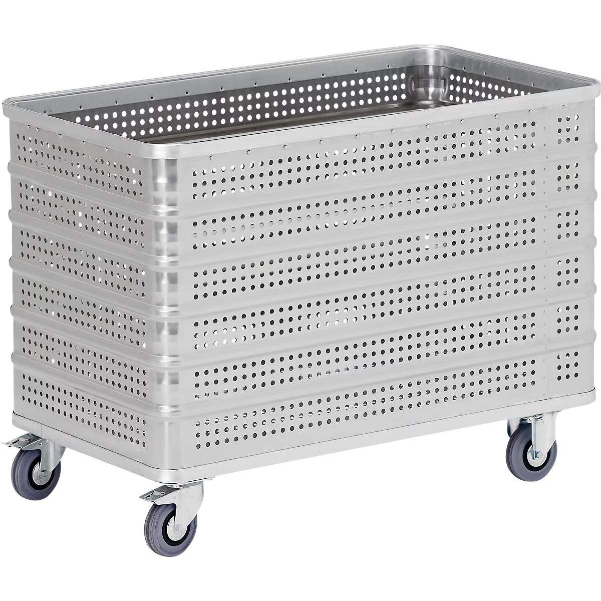 A rectangular metal cart with perforated sides and four wheels. The cart is empty.