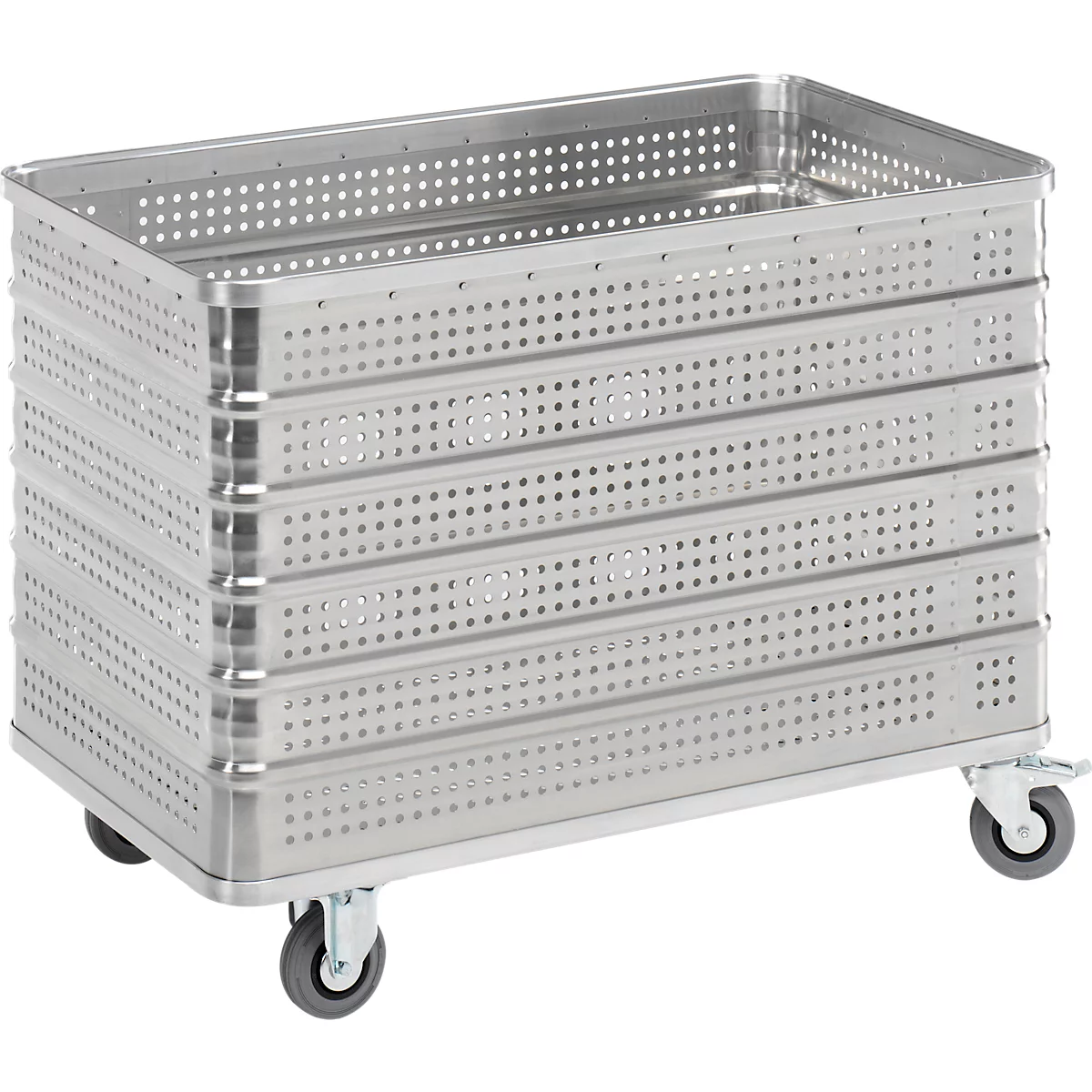 A rectangular, perforated metal container on wheels. The sides of the container are covered with a multitude of small holes.