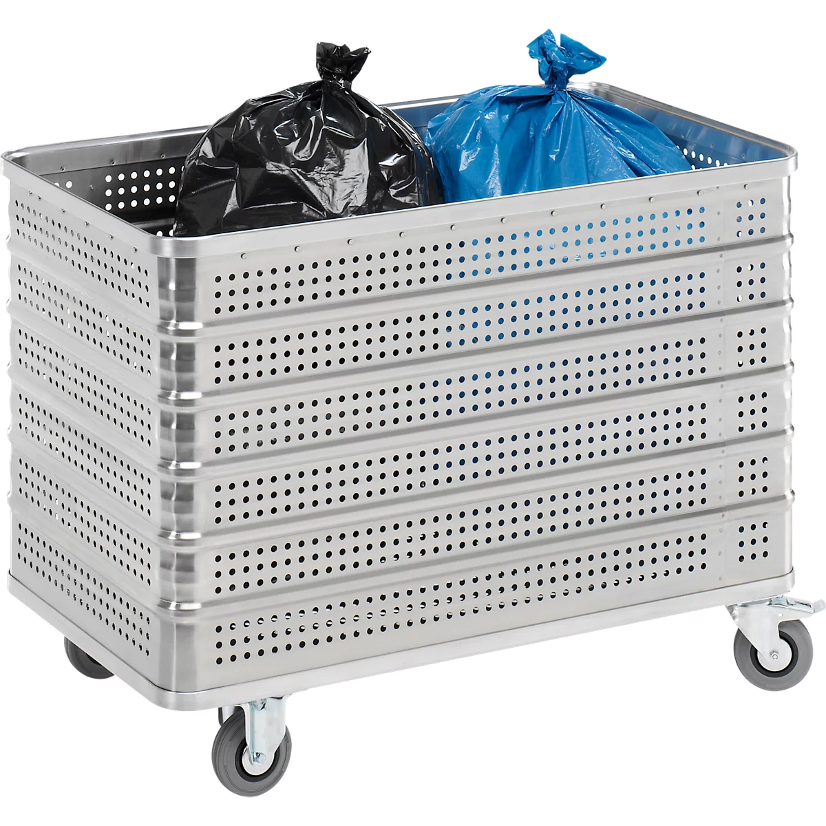 A silver waste bin on wheels, filled with a black and a blue garbage bag.