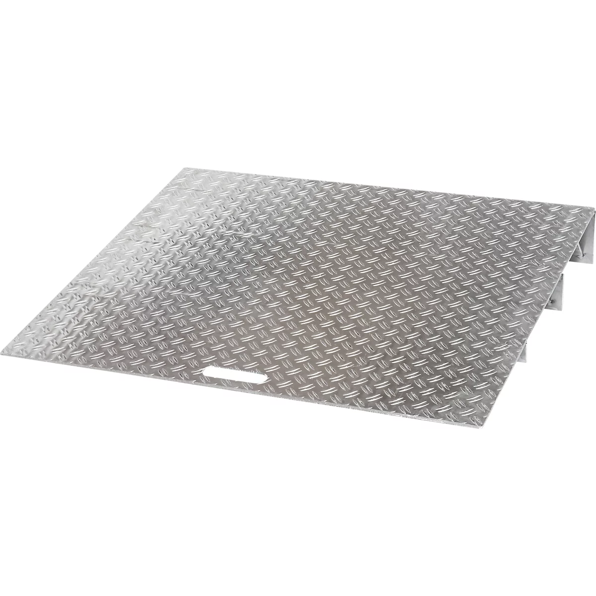 Silver, ridged aluminum ramp with a rectangular handle hole.