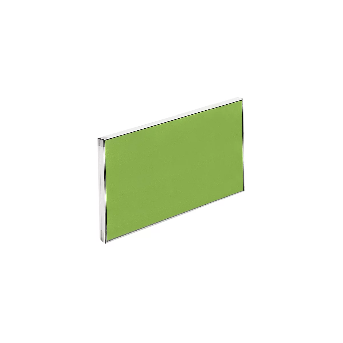 Rectangular green office partition with silver frame, against a white background.