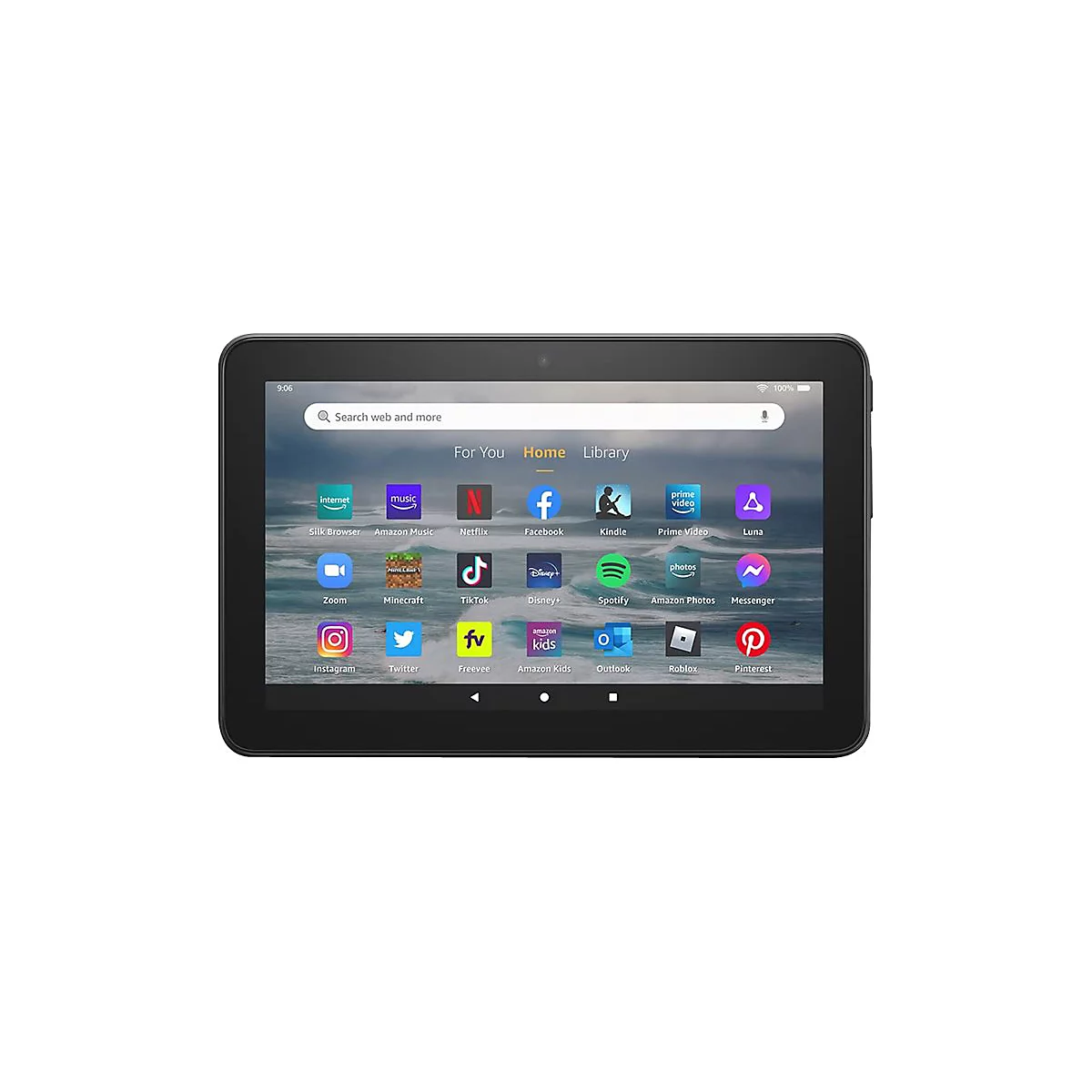 Schwarzes Tablet mit Apps wie Netflix, Facebook und Prime Video. Oben links steht 9:06.