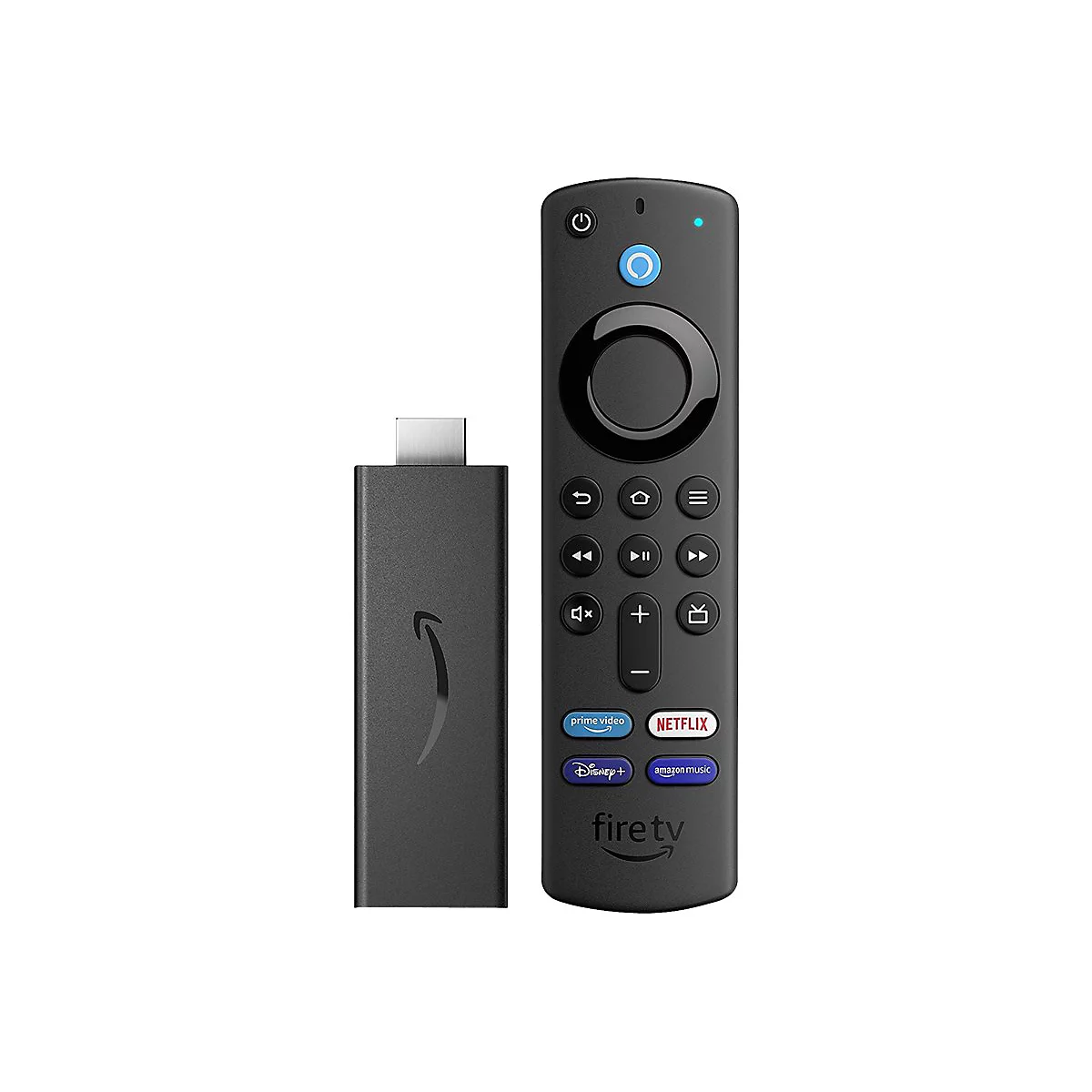 Schwarze Fire TV Fernbedienung und Fire TV Stick vor weiÃŸem Hintergrund.