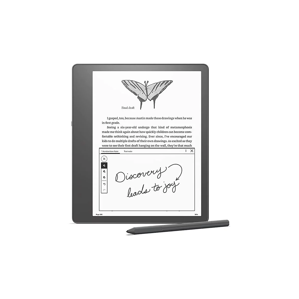 Ein schwarzer E-Reader mit Stift. Auf dem Bildschirm Text und Zeichnung eines Schmetterlings. Darunter handschriftlich: Discovery leads to joy.