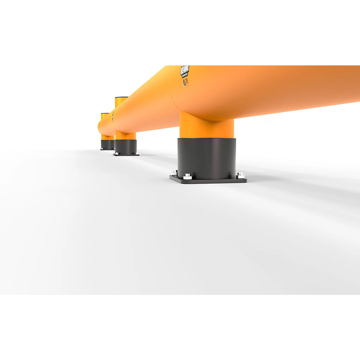 Gele pijpconstructie op zwarte sokkels. Perspectief close-up op een witte achtergrond.