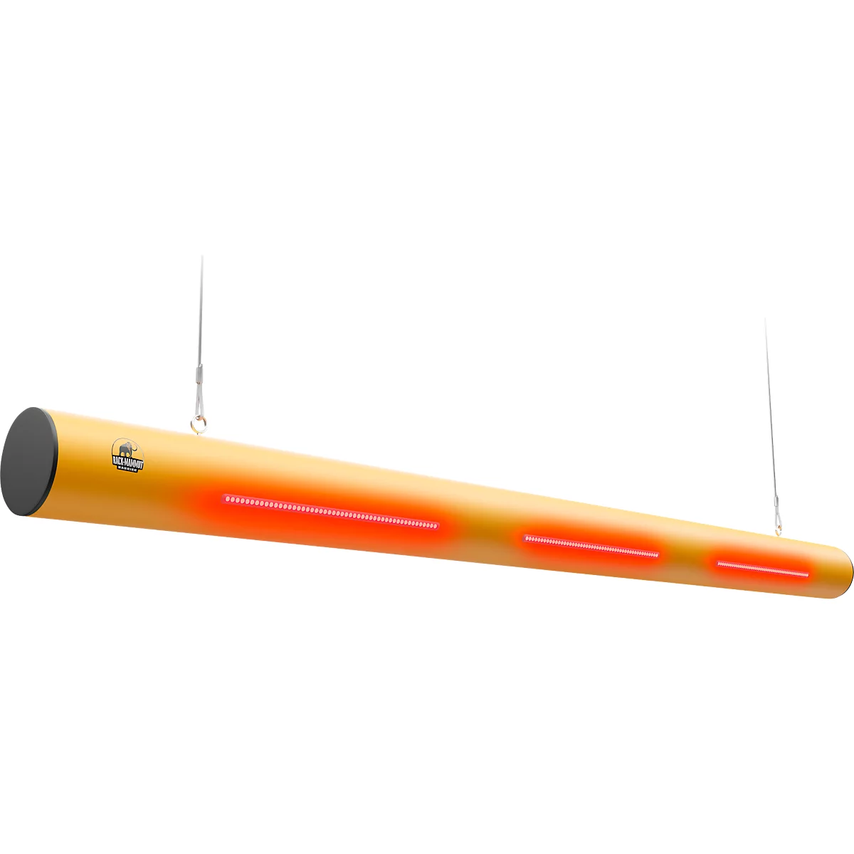 Gelbes zylindrisches Heizgerät mit roten Lichtstreifen, an zwei Seilen aufgehängt.