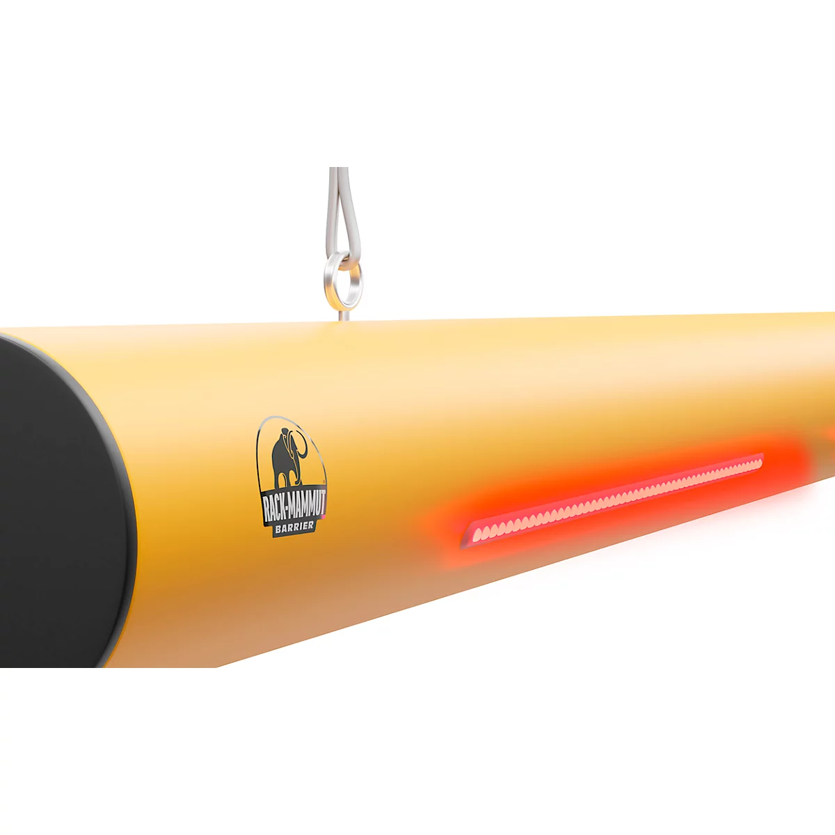 Gelbe, zylindrische Lampe, an silberner Kette hängend, mit roter LED-Leiste und Logo.