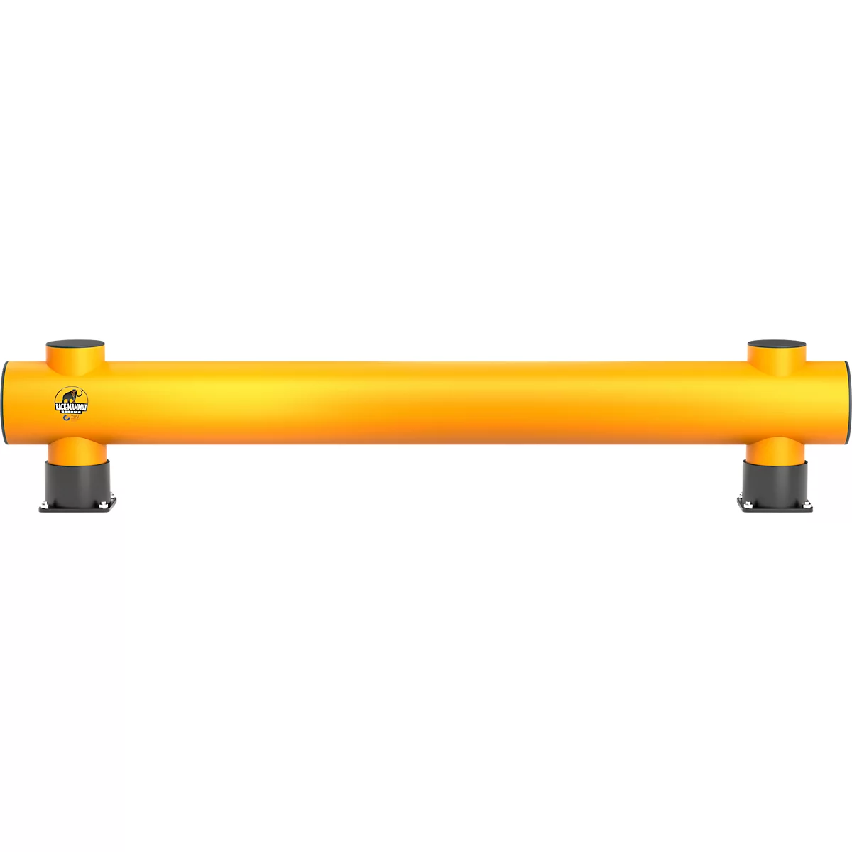 Gele metalen constructie met zwarte voeten. Een logo op het middelste gedeelte.