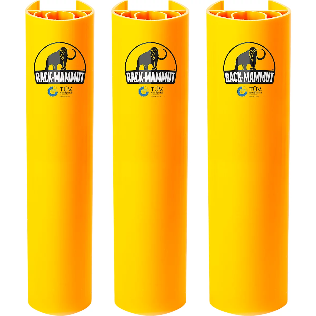 Drie cilindrische, gele beschermbuizen met logo-opdruk. Logo: "RACK-MAMMUT" met mammoetafbeelding.