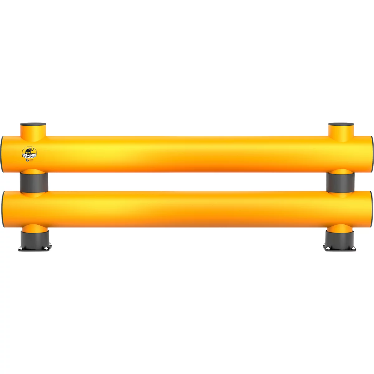 Gelbes Schutzgitter, horizontal angeordnet. Zwei parallele Rohre verbunden durch dunkle Säulen und Sockel.