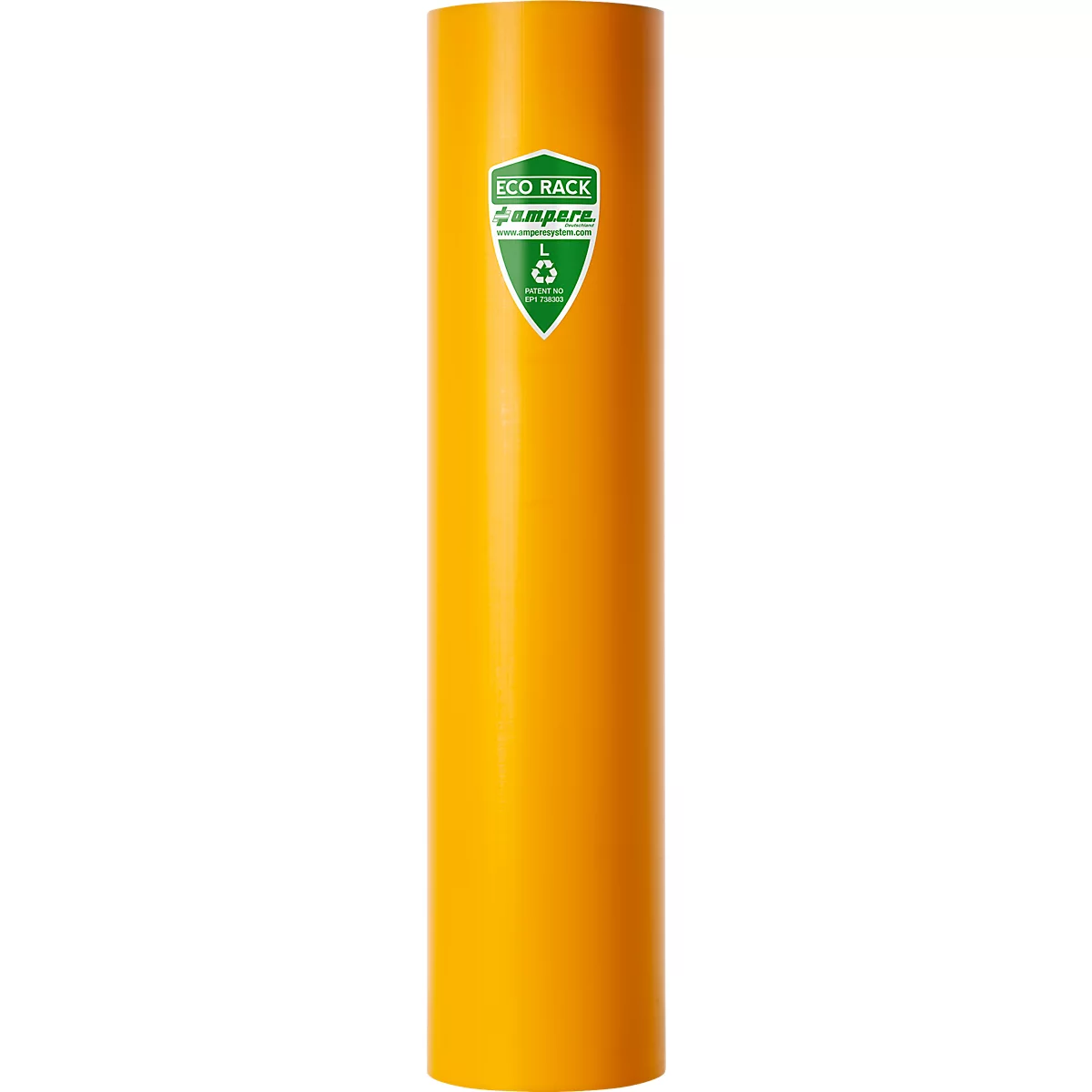 Gelber, zylindrischer Mülleimer mit grünem Eco Rack-Logo. Das Logo enthält Text und ein Recycling-Symbol.