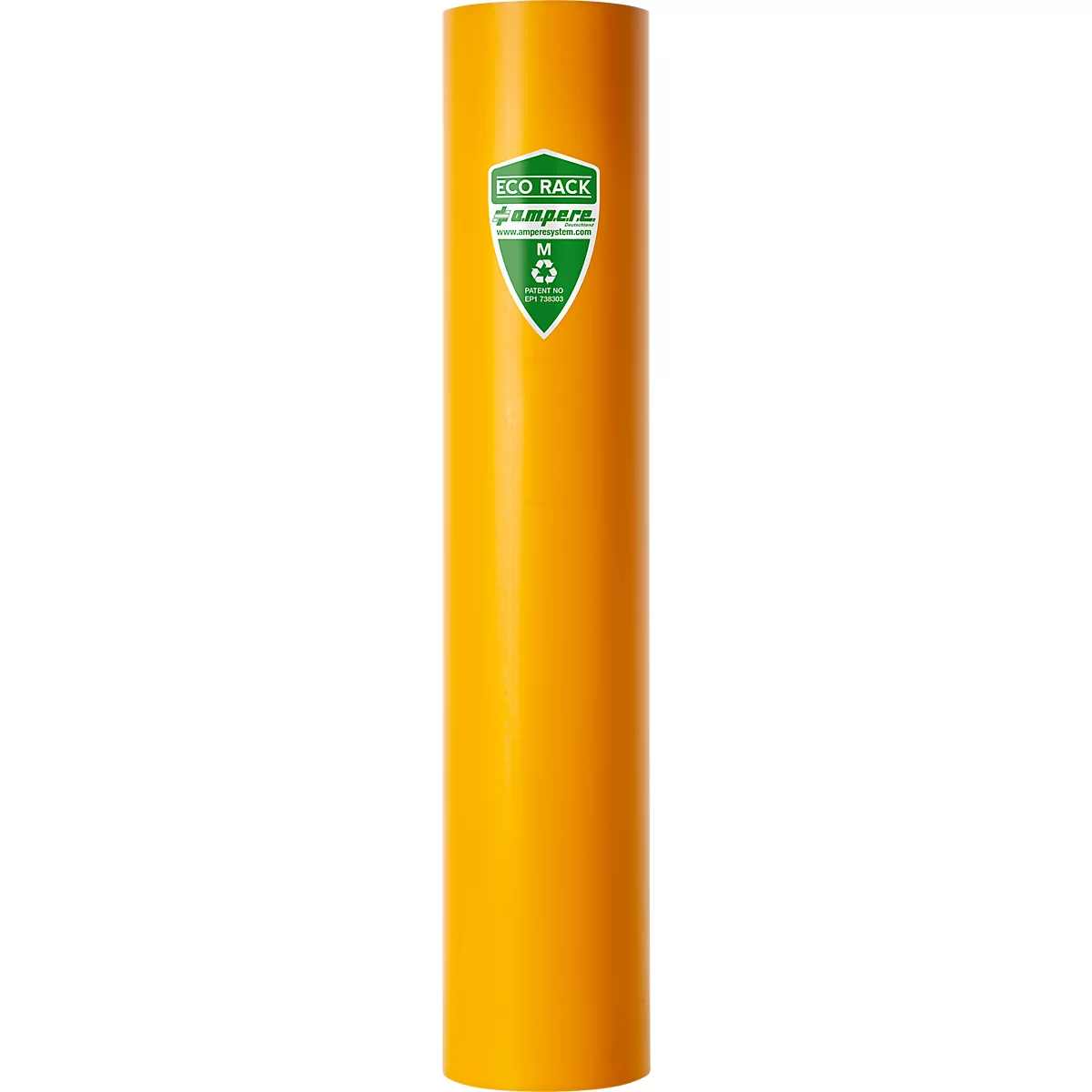 Gelber Recyclingbehälter mit Logo. Auf dem Schild steht "ECO RACK", ein grünes Abzeichen und das "M"-Zeichen für Recycling.