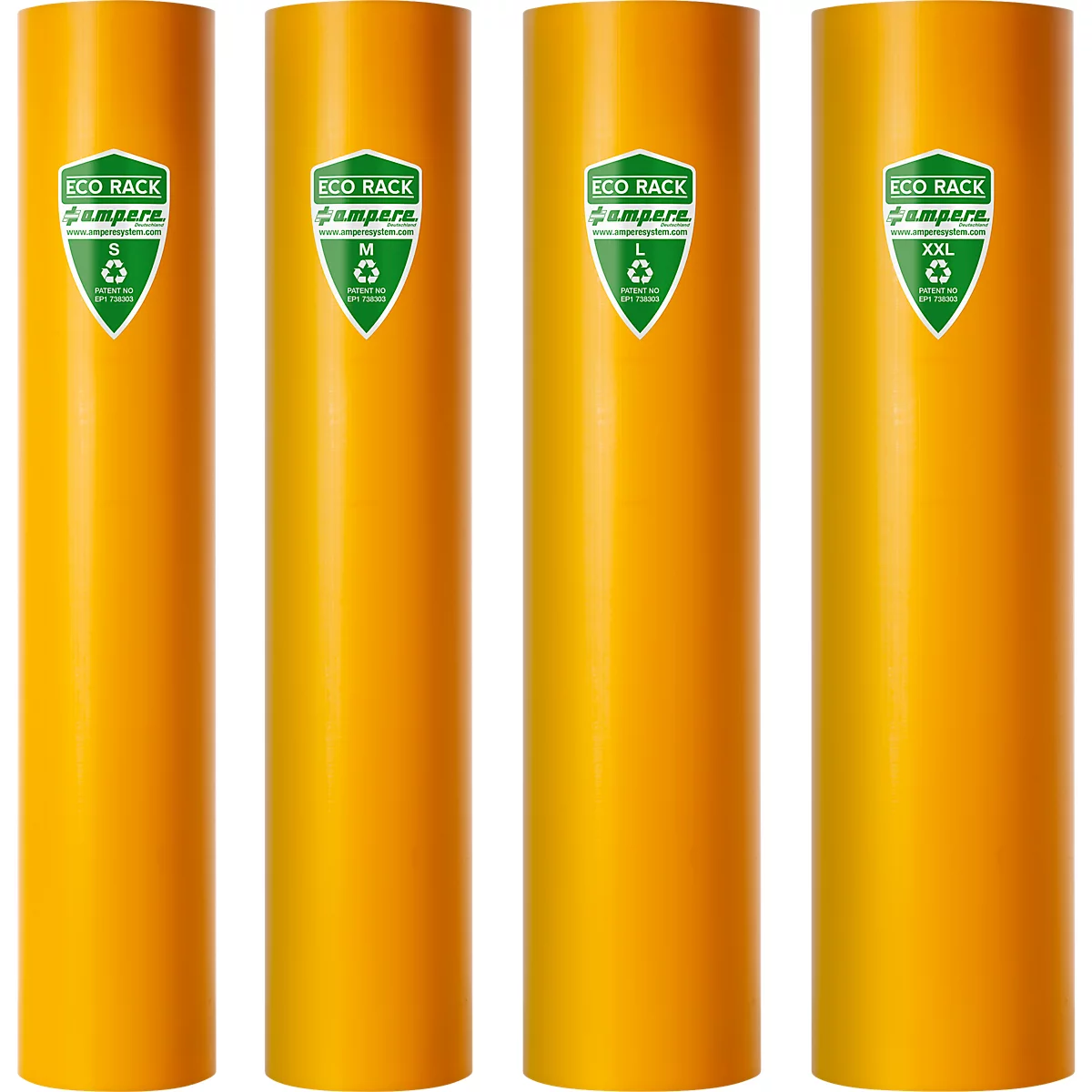 Vier orangefarbene, zylindrische Behälter, auf denen Etiketten mit "ECO RACK" und Größenangaben wie S, M, L, XXL zu sehen sind.