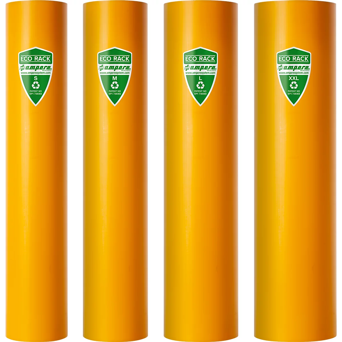 Vier gelbe, zylindrische Behälter mit Logos und Größenangaben, auf weißem Hintergrund.