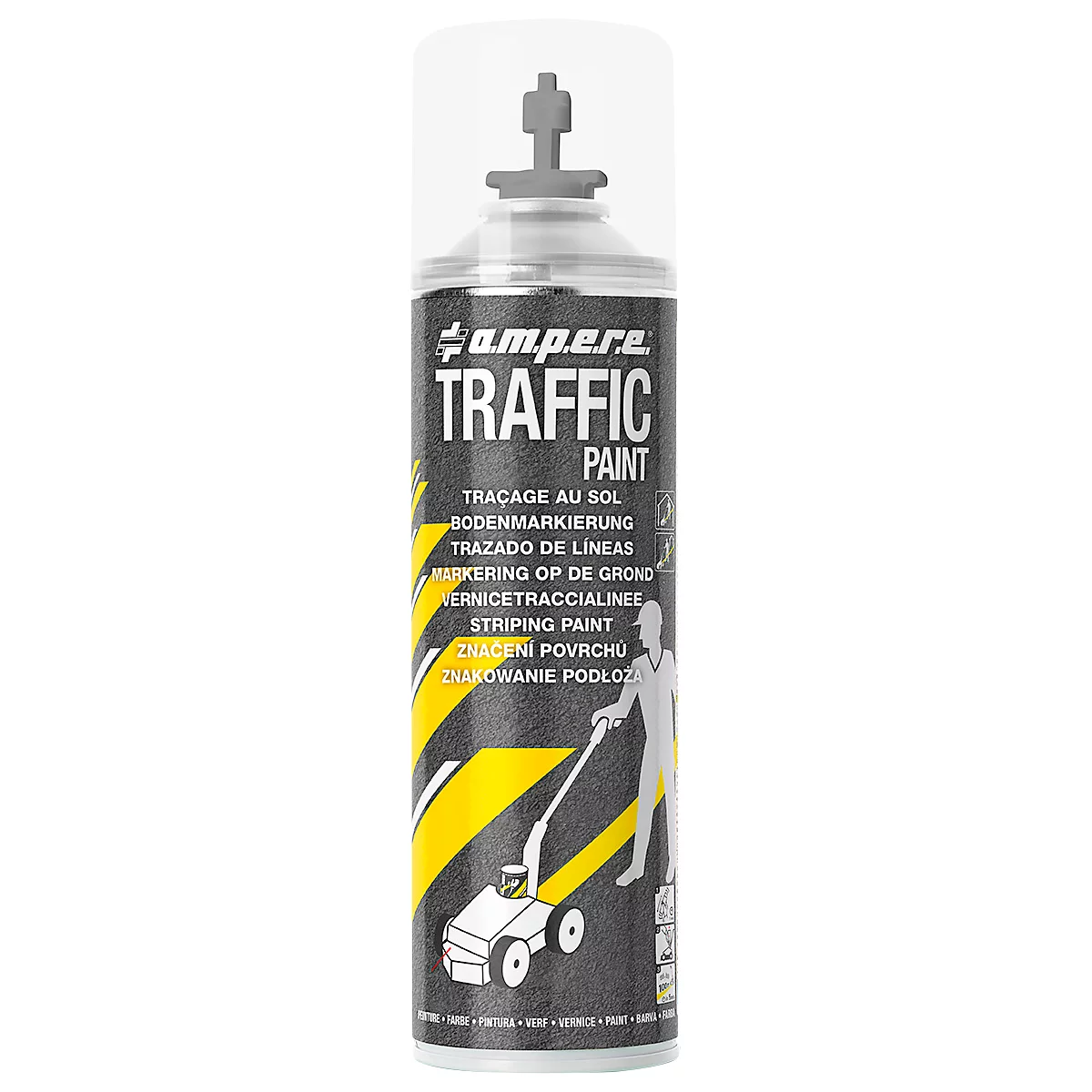 Gray spray can with the text TRAFFIC PAINT. Printed in multiple languages. Illustration: man with marking cart.