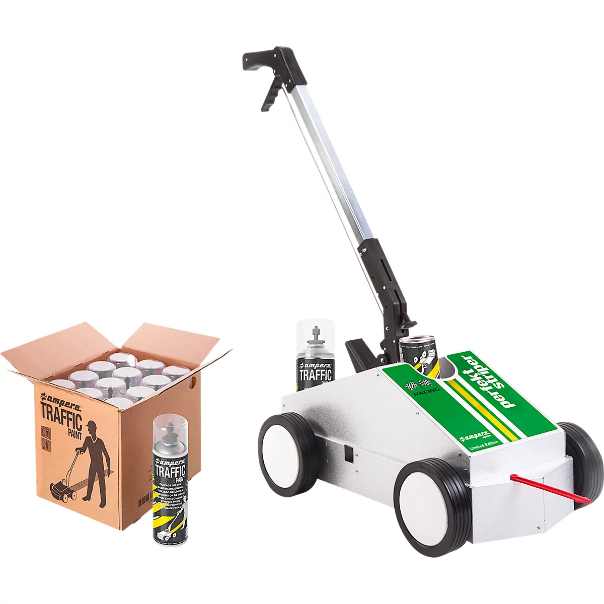A white marking machine with a green stripe, next to it a box of spray cans and a spray can.