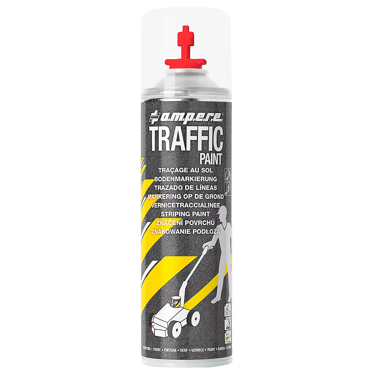 Spray can with red spray nozzle, label "Traffic Paint" in multiple languages. Print shows person with road marking equipment.