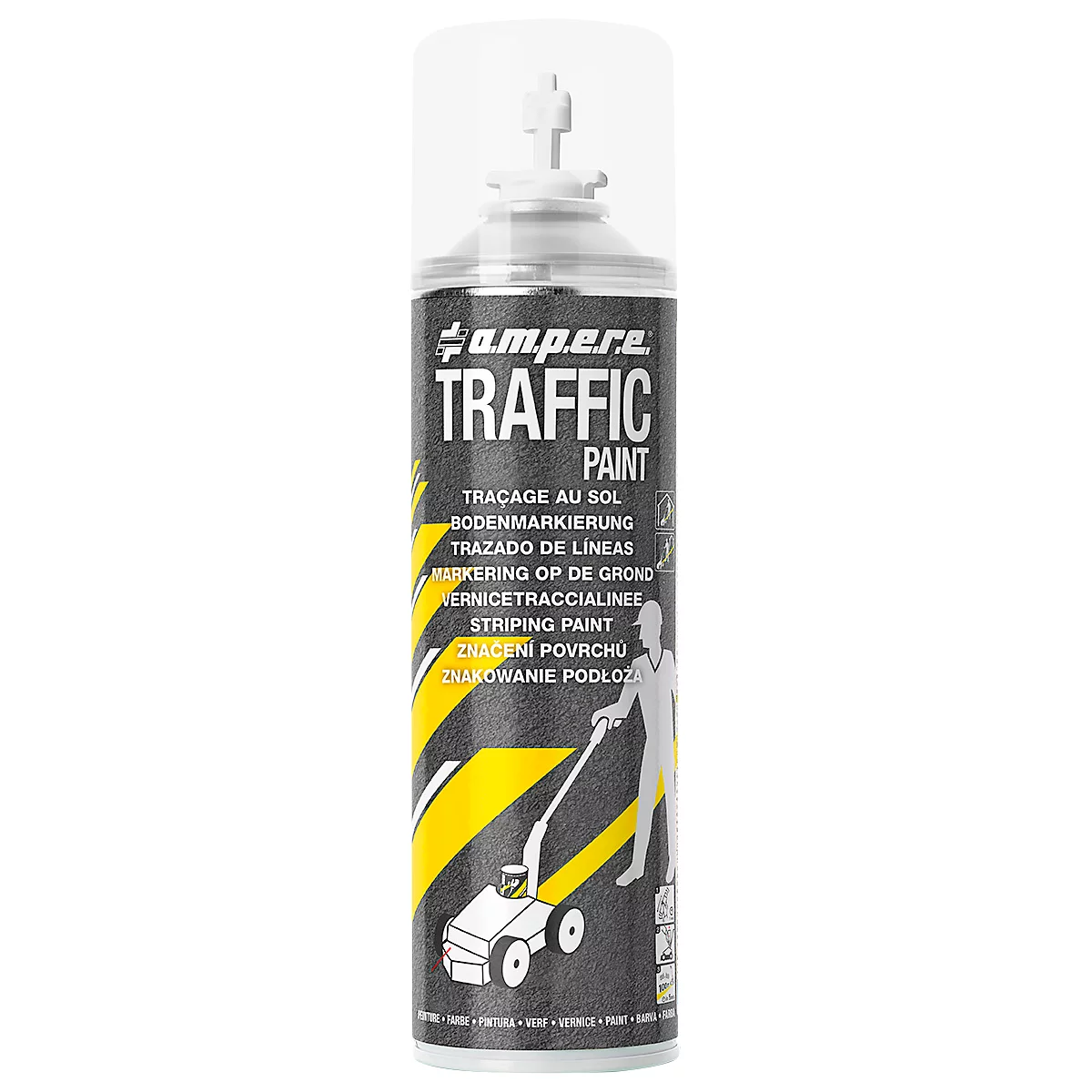 Gray spray can with "TRAFFIC PAINT" on it, yellow stripes, text: marking on the ground.