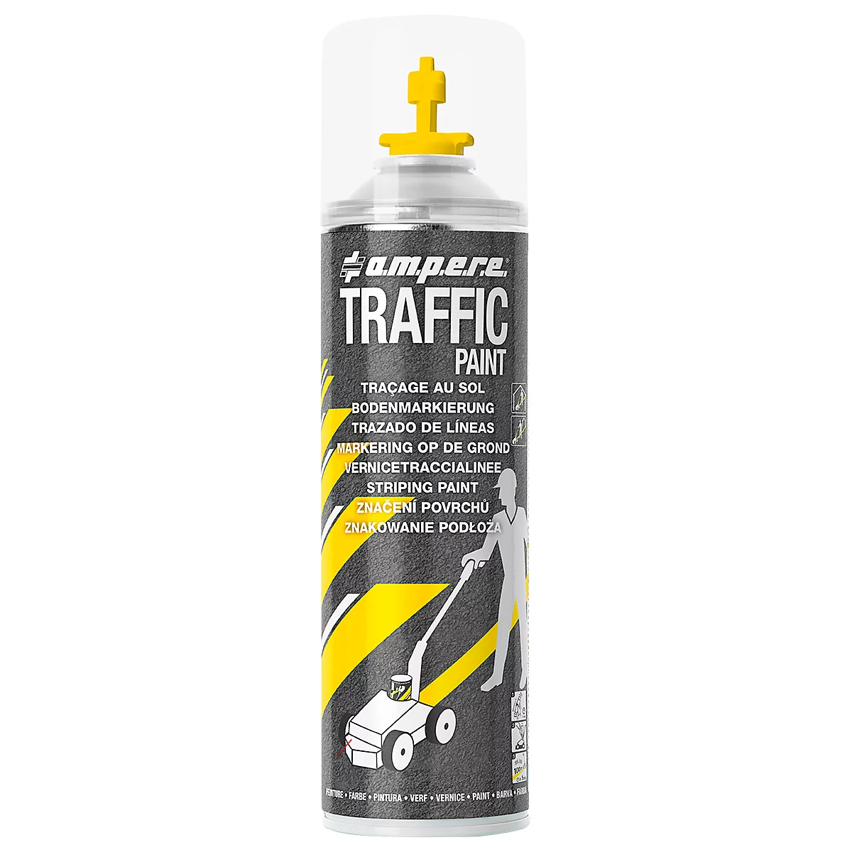 Spray paint can with yellow spray head and product name. Print: "TRAFFIC PAINT". Illustration of a marking machine.
