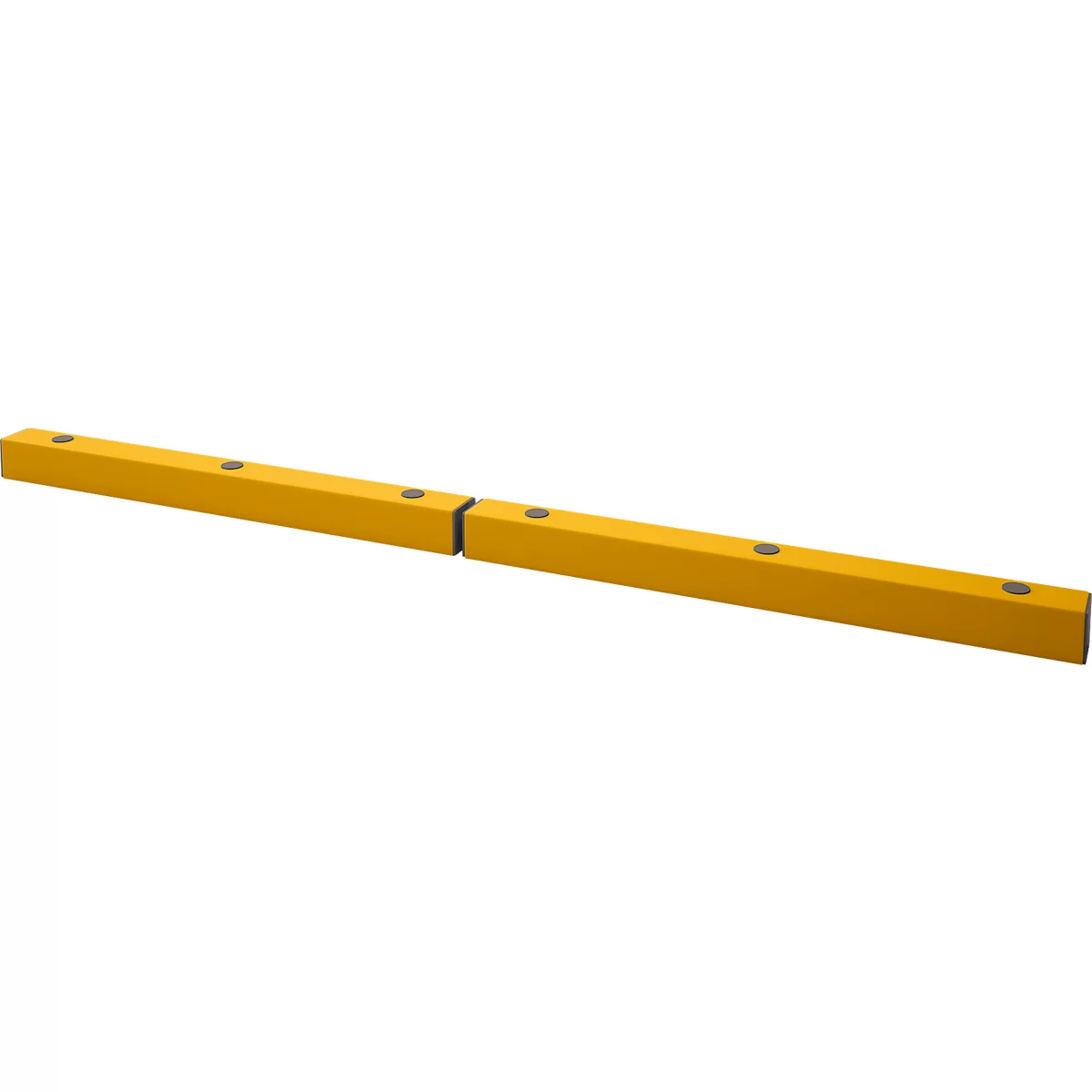 Geel rechthoekig object met donkere schroeven. Het object is in twee delen verdeeld.
