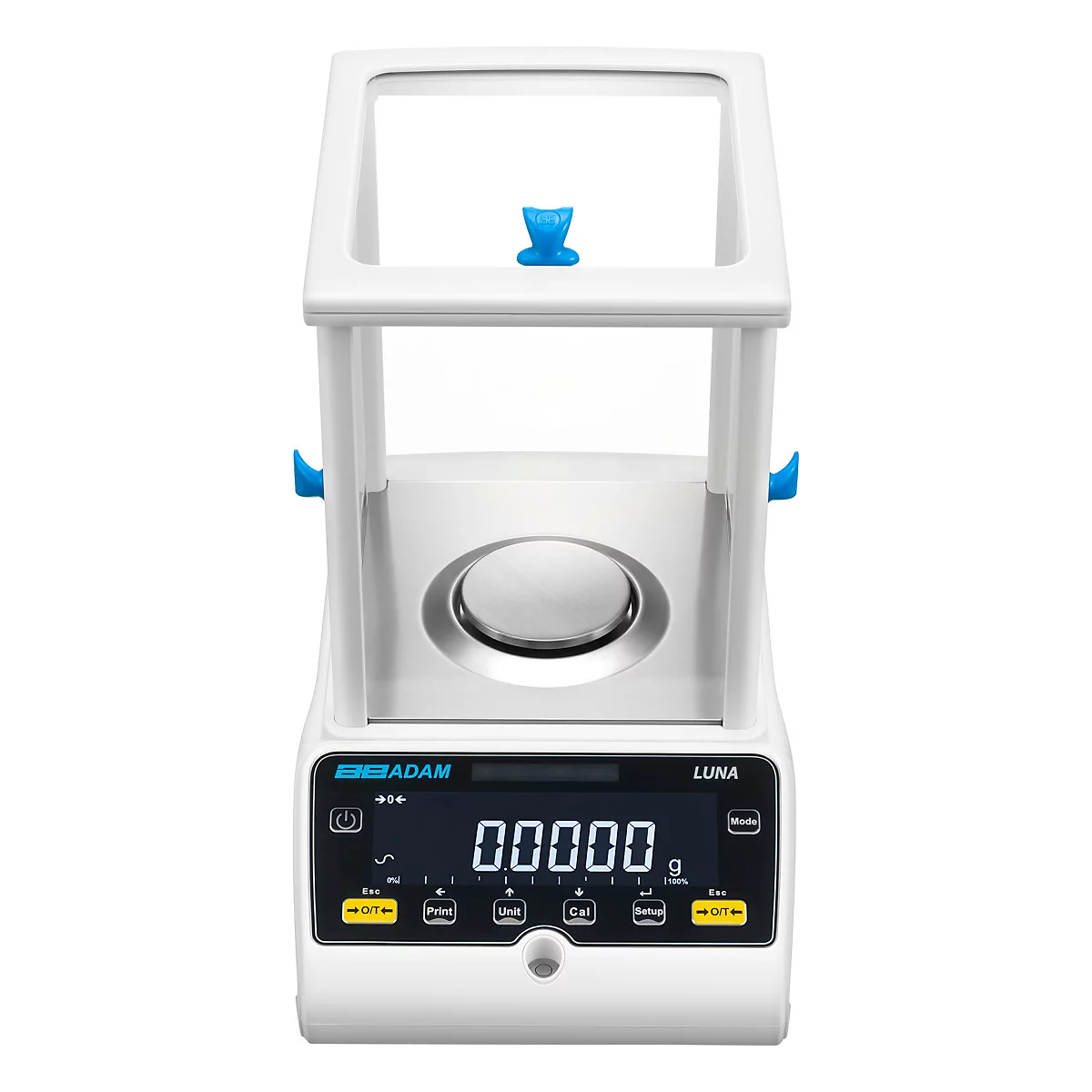 Digitale Laborwaage in Weiß mit blauen Elementen, Display mit Anzeige „00000“ und der Beschriftung „Luna“.