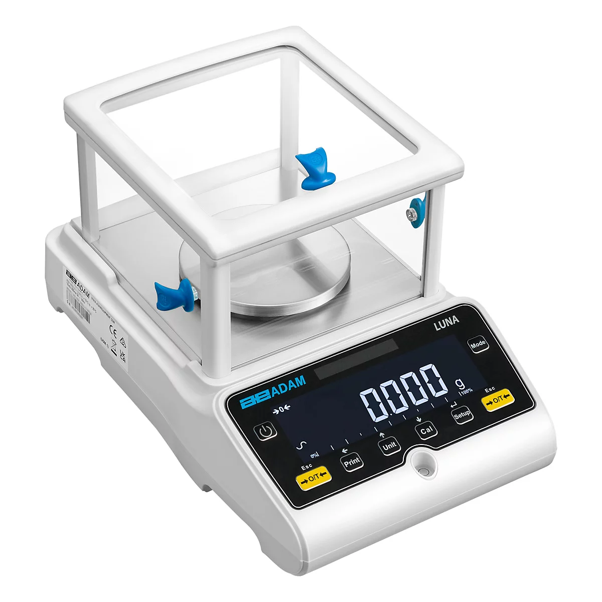 Digitale laboratoriums weegschaal Luna met glazen kooi en display met 0.000 g.