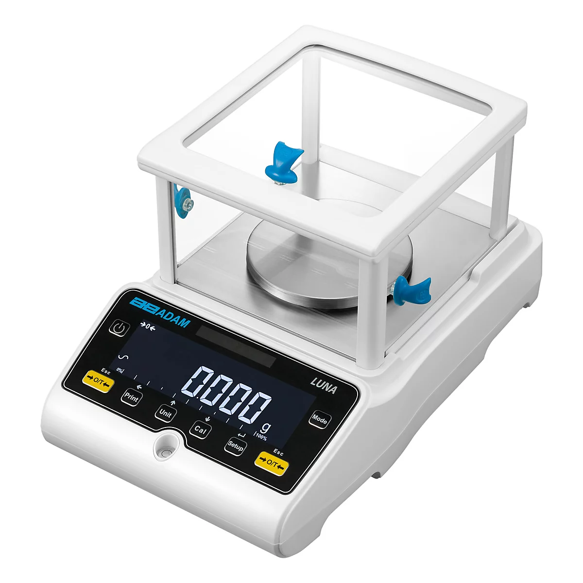 Een witte laboratoriumweegschaal met een beschermende behuizing, met "0000 g" op het display. Blauwe handgrepen.