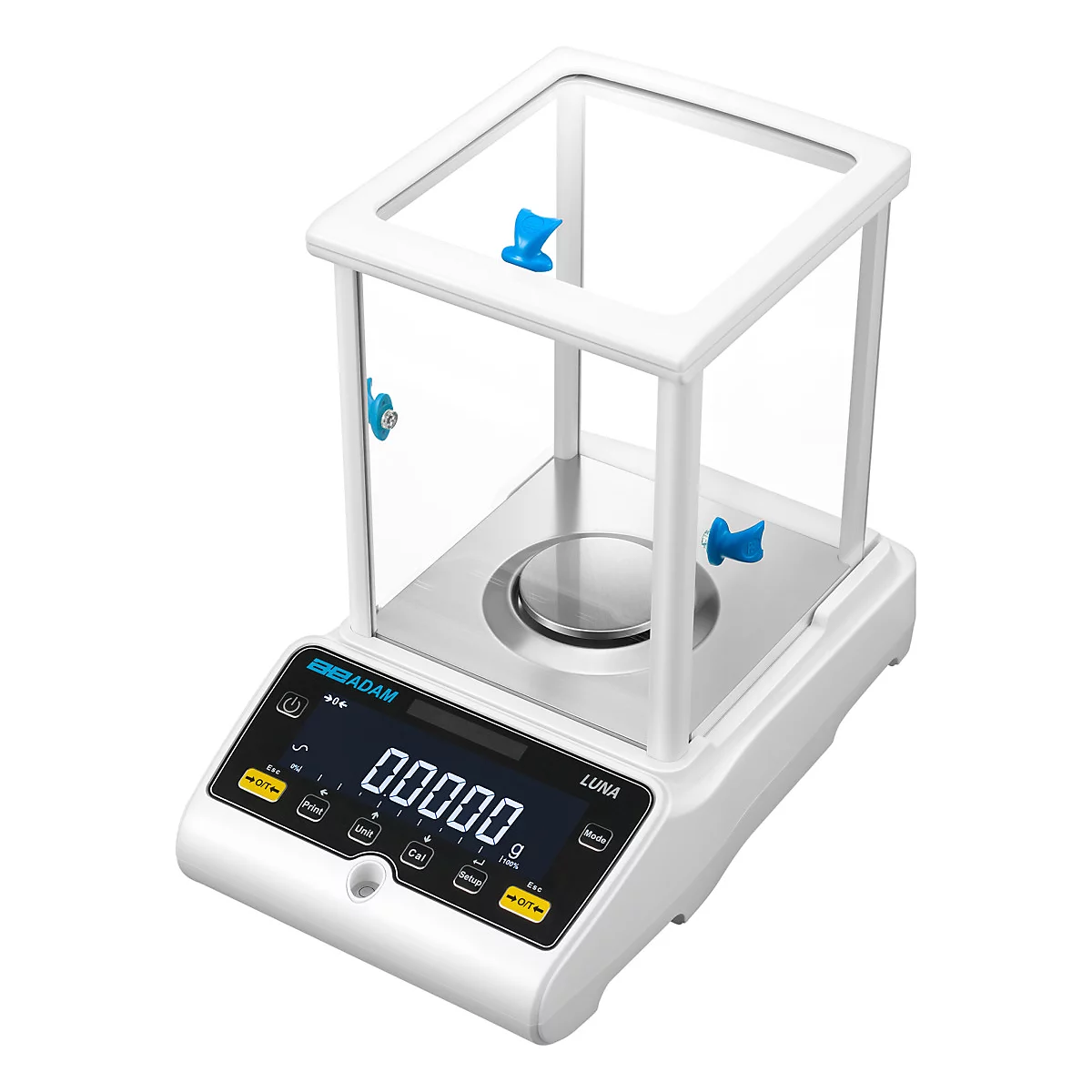 Een witte laboratoriumweegschaal met een beschermende glazen koepel, display: 00000 g, blauwe elementen.