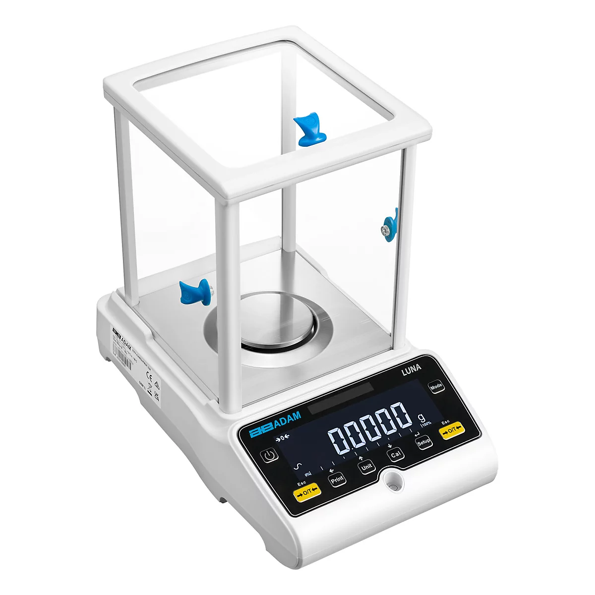 Een witte laboratoriumweegschaal met een glazen koepel en blauwe sluitingen. Het display toont 0.0000.