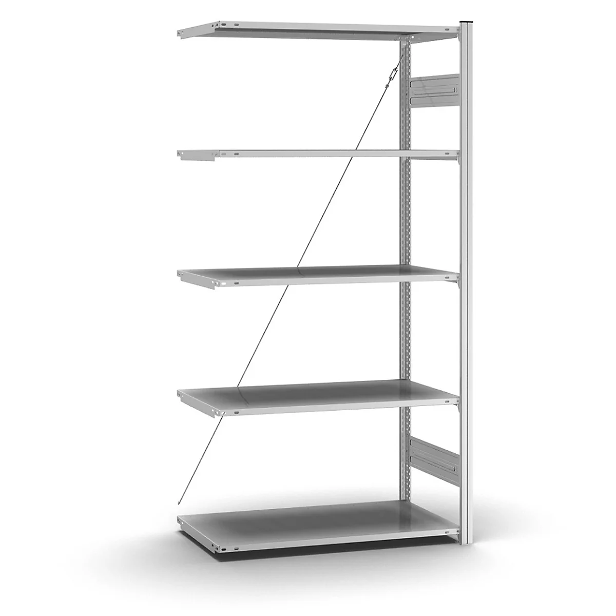 Regal aus Metall mit fünf Ebenen, die durch dünne Kabel stabilisiert werden. Weißer Hintergrund.