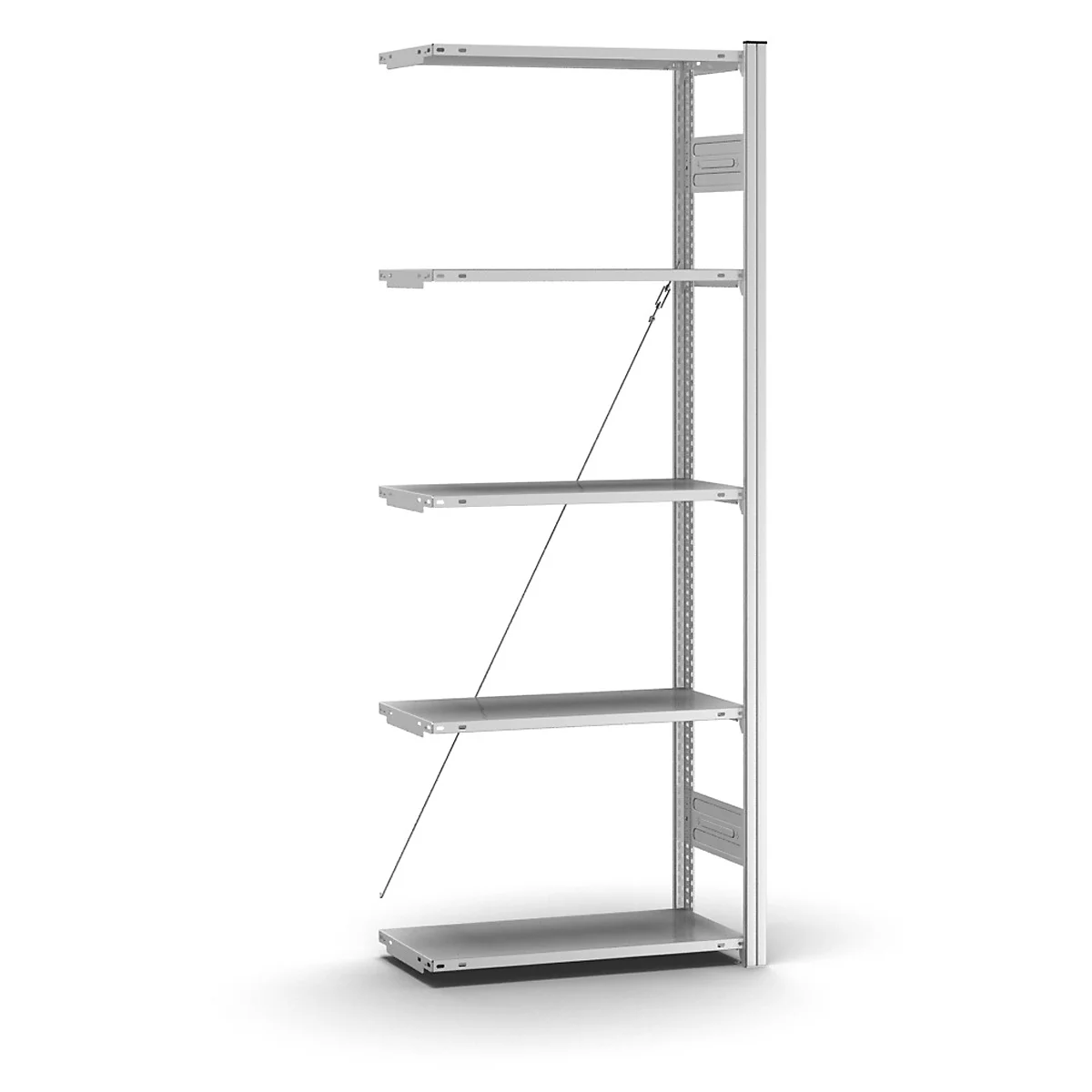 Ein silbernes Wandregal mit fünf Ebenen, an der Wand befestigt. Stabile Konstruktion mit Metallstreben und Diagonalen.