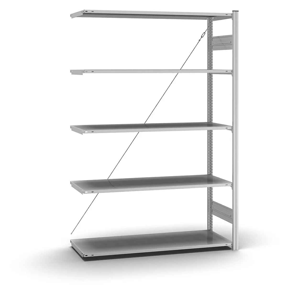 Ein silbernes Wandregal mit fünf Ebenen, die durch diagonale Metallstreben gestützt werden.