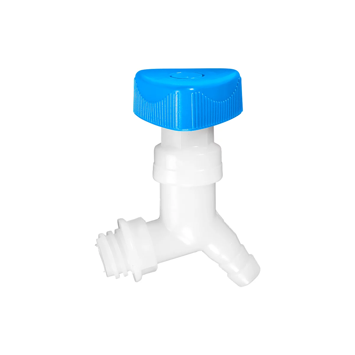 White water tap with blue turning handle, side outlet and connector.