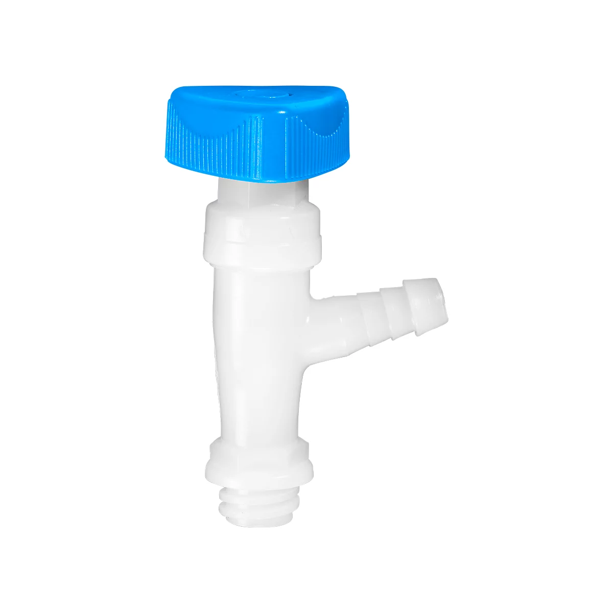 A white plastic tap with a blue turning handle and a horizontal outlet.