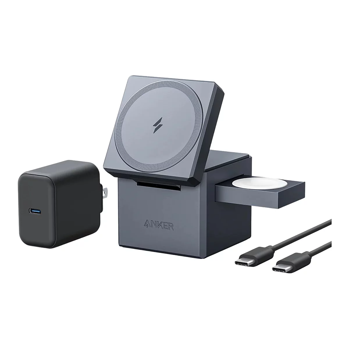 Anker 3-in-1 Ladestation in Grau mit Netzteil und USB-C-Kabel vor weißem Hintergrund.